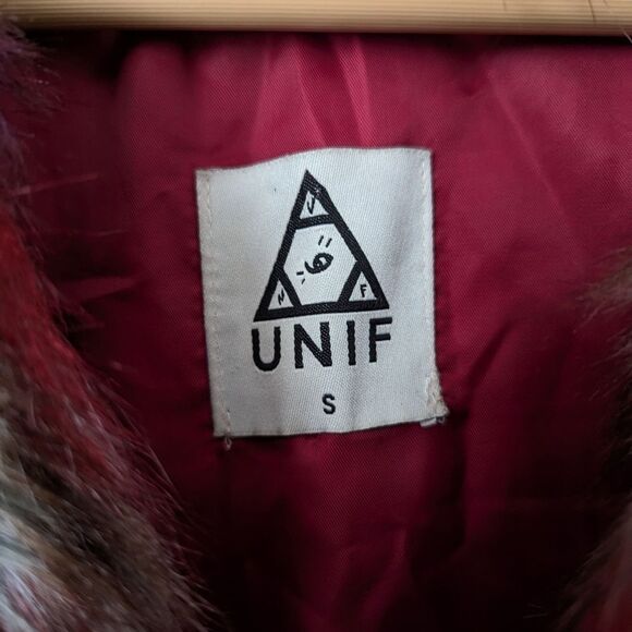 UNIF red purple tan aqua multicolor faux fur open front jacket coat - Picture 3 of 6